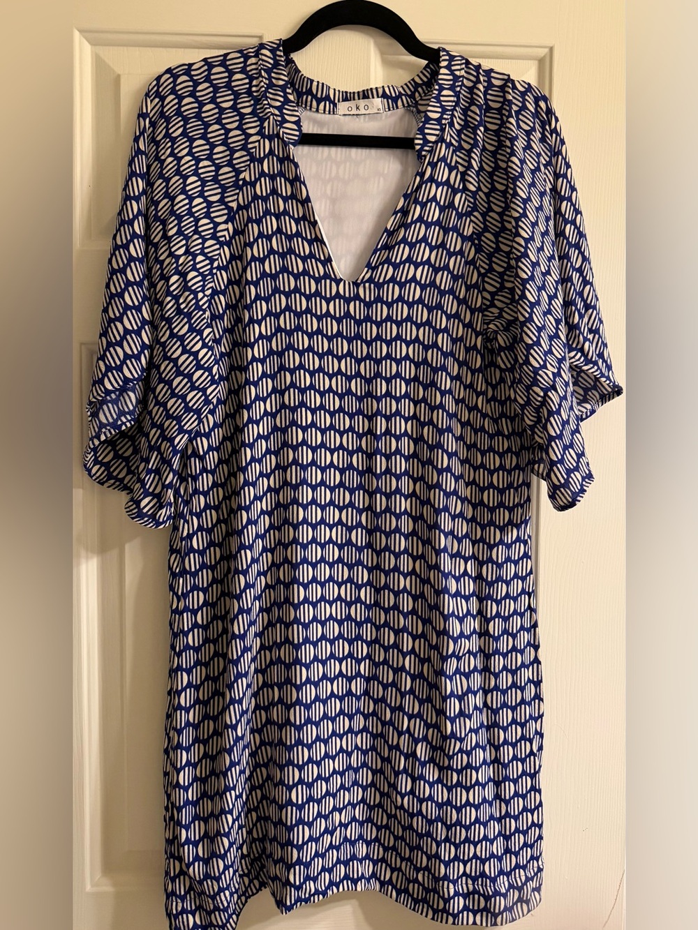 Blue & White Geometric V-Neck Tunic dress